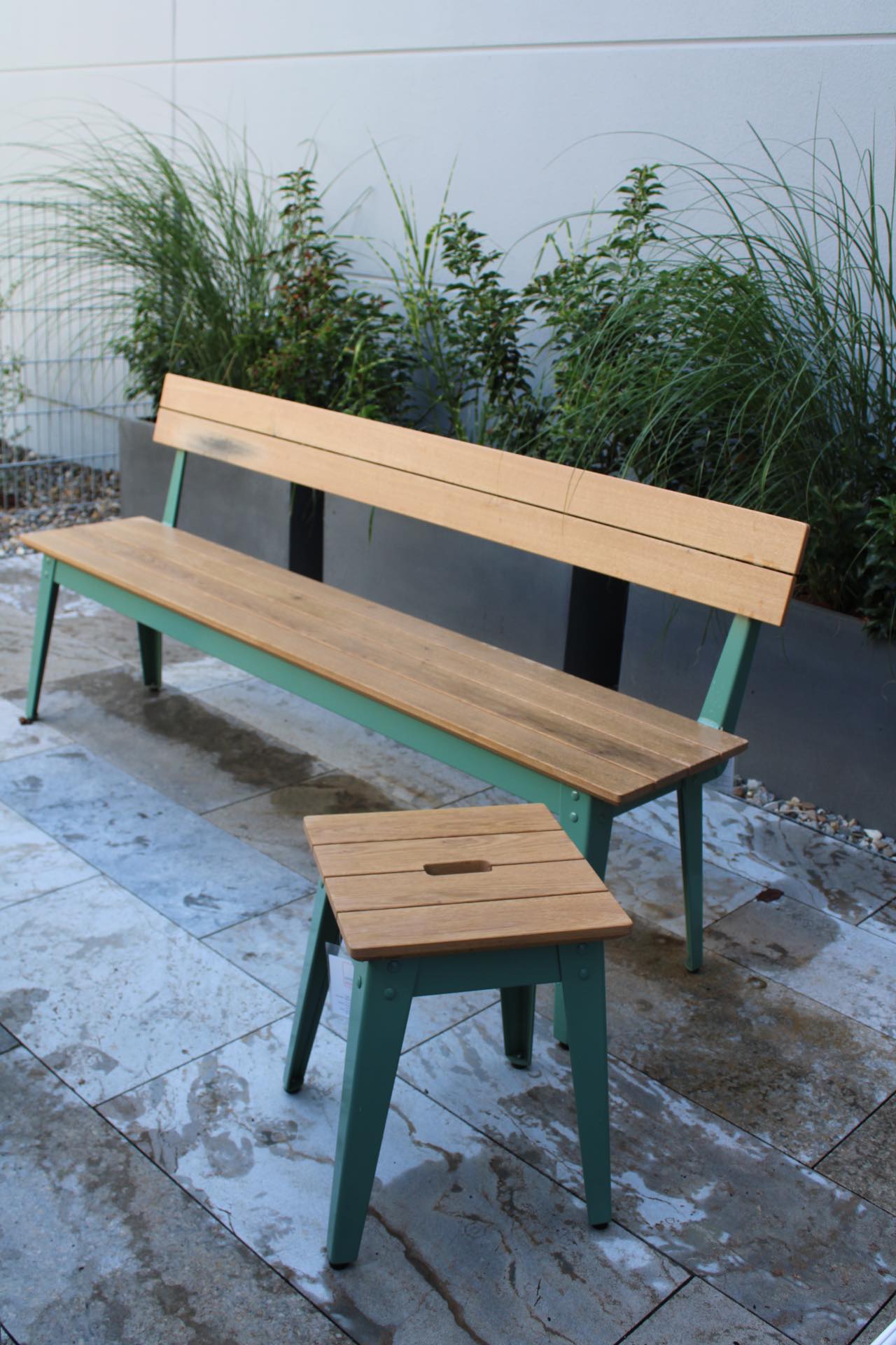 Outdoor bench shop and stools
